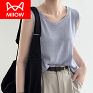 貓人（MiiOW）女士亞麻吊帶背心女夏外穿內(nèi)搭2025新款寬松薄款無袖短款針織上衣 藍(lán)色 L
