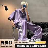舉風(fēng)淡紫色蝙蝠袖翻領(lǐng)polo衫短袖男生夏季穿搭一整套美式條紋運動(dòng)套裝 紫色升級 L （適合）115-130斤