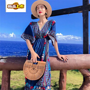 初徑（CHUJING）2025新款民族風(fēng)沙灘裙女三亞海邊度假波西米亞長(cháng)裙大碼胖mm顯瘦 藍色 2XL 135-155斤