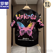 羅蒙（ROMON）彩繪短袖男夏季新款純棉圓領(lǐng)印花T恤個(gè)性情侶款休閑設(shè)計(jì)半袖新品 黑色 彩色蝴蝶 XL