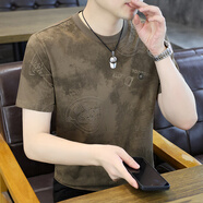 慈良棉短袖t恤男夏季潮流鋼印修身迷彩汗衫圓領(lǐng)體恤上衣服 咖啡色 3XL (150斤-165斤)