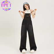 EPET美式復古黃泥牛仔背帶褲女2024新款寬松顯瘦bf慵懶風減齡闊腿褲女 松墨黑 XS