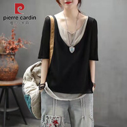 皮爾卡丹（pierre cardin）文藝棉麻T(mén)恤女假兩件女拼色v領(lǐng)夏季短袖寬松休閑百搭薄針織衫上衣 黑色 3XL 130-145斤