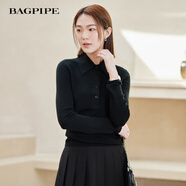 風(fēng)笛（Bagpipe）風(fēng)笛2024秋季新款百搭休閑款針織衫設(shè)計(jì)感時(shí)尚通勤內(nèi)搭打底衫女 黑色 XS