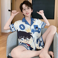 兒童睡衣男童夏季冰絲短袖開(kāi)衫薄款套裝中大童男孩學(xué)生夏天家居服 U302柯南【短袖短褲】 均碼 建議165cm115斤內【L碼】