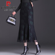 皮爾卡丹（pierre cardin）駝.絨印花毛呢半身裙女春秋2025新款魚(yú)尾裙修身蕾絲邊包臀裙子 綠花 XL 建議105-120斤