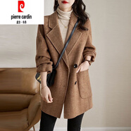 皮爾卡丹（pierre cardin）2025新款雙面絨大衣秋冬高端女裝小個子韓版手工羊毛呢子外套 棕駝色(人字紋) S ( 90-115斤 )