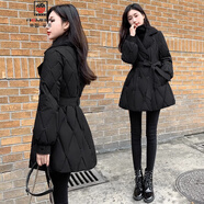 AEMAPE2025新款女裝冬季修身收腰中長款羽絨棉服女黑色西裝領外套菱形格 黑色 L 建議105-120斤