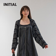 INITIAL夏季條紋混色鏤空蝙蝠袖毛針織衫披肩女 BLK/黑色 均碼