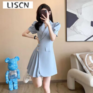 LISCN法式小香風(fēng)白色連衣裙夏季女裝裙子新款夏氣質(zhì)顯瘦百褶西裝裙女 藍色 1236# L 【建議100-120斤】