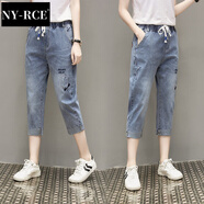 NY-RCE夏季七分牛仔褲女顯瘦彈力高腰寬松刺繡哈倫褲 圖片色 2XL 【建議140斤/160斤】