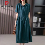 皮爾卡丹（pierre cardin）新中式棉麻連衣裙女2025新款中年媽媽純色短袖顯瘦文藝氣質(zhì)襯衫裙 孔雀綠 L 建議110-120斤