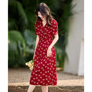 尚靜連衣裙女夏季新款女裝法式復古V領(lǐng)收腰顯瘦中長(cháng)款短袖碎花裙子女