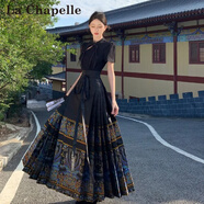 拉夏貝爾（La Chapelle）新中式國風(fēng)馬面套裝端莊大氣連衣裙復古2025夏季新款小個(gè)子整套潮 黑色T恤+馬面裙 M 建議95-110斤