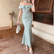 秋水月色伊人法式氣質(zhì)感一字肩連衣裙女性感荷葉邊魚(yú)尾禮服長(cháng)裙 綠色 M