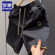 羅蒙（ROMON）男士夏季薄款褲子2025新款短褲男款歐貨中褲潮流透氣速干沙灘褲潮 黑色 4XL 建議180-195斤
