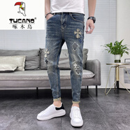 啄木鳥（TUCANO）2025春夏季高端潮牌歐貨刺繡貼布牛仔褲男九分褲修身小腳長褲秋款 懷舊藍色【長褲】春夏 薄款 34