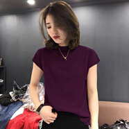 AJLAJK歐洲站2025新款洋氣冰絲針織衫短袖T恤女夏季寬松薄款半高領(lǐng)上衣 紫紅色 S 冰絲面料現(xiàn)貨