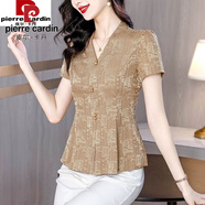 皮爾卡丹（pierre cardin）高端鍛面女士短袖氣質(zhì)V領(lǐng)襯衫2025夏新款收腰顯瘦復古女上衣 卡其色 L 建議105-115