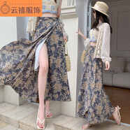 君瑞思新中式國風(fēng)印花半身裙女夏季2025新款一片式緞面度假風(fēng)感長(cháng)裙 藍色 均碼