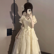 衣然呈品連衣裙女士夏季新款美式高街潮牌高腰時(shí)尚v領(lǐng)蓬蓬lolita長(cháng)裙子女 蓬蓬連衣裙 S 【建議80-90斤】