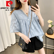 皮爾卡丹（pierre cardin）荷葉邊V領純色喇叭袖雪紡衫女2022夏季新款寬松大碼短袖薄款上衣 藍色今年流行的輕奢品牌 3XL 3XL 建議 160-185斤