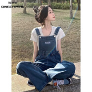 清池影網(wǎng)紅背帶褲女復古高腰闊腿牛仔褲秋季減齡百搭寬松休閑直筒 深藍色 M