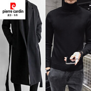 皮爾卡丹（pierre cardin）2020秋季風衣男長款潮流帥氣過膝防風學(xué)生毛呢外套韓版寬松外套男 FK15黑色腰帶+毛衣 2XL
