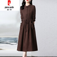皮爾卡丹（pierre cardin）中長款長袖連衣裙2025春季新款收腰氣質(zhì)顯瘦高端時(shí)髦裙子 深咖色 XL 建議115-125斤