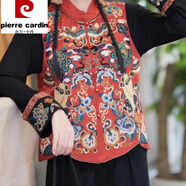 皮爾卡丹2025春夏新款盤(pán)扣坎肩外套重工刺繡民族風(fēng)袖馬夾背心顯瘦上衣 黑色普通印花 5XL 190-205斤