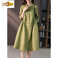 初徑2025新款洋氣襯衫裙寬松透氣棉麻連衣裙中長(cháng)款春款韓版領(lǐng)氣質(zhì)裙子 橄欖綠 M 95-110斤