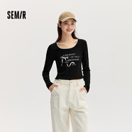 森馬（Semir）【甜心女高】長(cháng)袖t恤女短款緊身蕾絲花邊上衣24新款甜美印花外穿 黑色90001 S