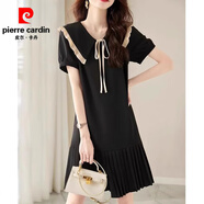 皮爾卡丹（pierre cardin）法式赫本風(fēng)娃娃領(lǐng)連衣裙夏新款減齡a字百褶顯瘦系帶短袖小黑裙女 黑色【拼接/設計款/短袖/優(yōu)雅/大 S 80-90斤