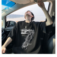 柯菲沃?jǐn)?shù)字7系印花純棉T恤男夏季美式復(fù)古痞帥炸街短袖重磅情侶半袖體恤 厚力-B5418黑色（純棉） S