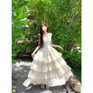 HUALIN FASHION法式初戀重工多層裙擺連衣裙顯瘦長(zhǎng)裙 杏色連衣裙 S