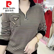 皮爾卡丹（pierre cardin）針織拉鏈立領(lǐng)條文小衫女士春秋季長(cháng)袖t恤寬松顯瘦百搭時(shí)尚休閑打 2036卡其黑條 L 建議100斤內