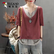 啄木鳥(niǎo)文藝針織衫假兩件女拼色圓領(lǐng)夏季短袖寬松休閑百搭T恤棉麻薄上衣 磚紅色 S  80-90斤