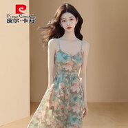 皮爾卡丹（pierre cardin）夏季花印女裝2025新款雪紡連衣裙子氣質(zhì)高端吊帶裙掐腰風(fēng)情萬種裙 吊帶連衣裙 S