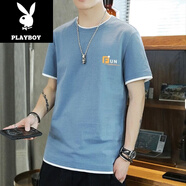 花花公子（PLAYBOY）冰絲夏季男裝短袖T恤男士寬松2025夏天新款男生體恤半截袖上衣服 QC06藍(lán)色 M 102斤以內(nèi)