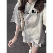風(fēng)采兔 100%純棉小貓爪卡通趣味短袖T恤女2025夏季新款個性學(xué)生半袖上衣 白灰色 M
