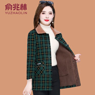 俞兆林（YUZHAOLIN）媽媽冬裝加絨加厚格子毛呢外套時尚中老年女秋冬皮毛一體呢子大衣 綠格 XL (參考90-105斤)