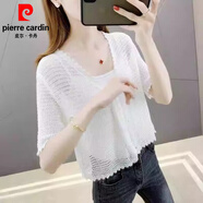 皮爾卡丹（pierre cardin）鏤空冰絲針織開(kāi)衫薄款女夏季防曬外套短袖披肩配吊帶裙子外搭罩衫 白色 均碼 建議80-145斤