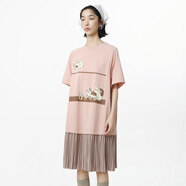 幻走（MOVEUP）2025夏季新款.FUN系列圓領(lǐng)印花壓褶裙擺針織連衣裙 豆沙粉 M