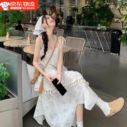 OIMG沙灘裙女海邊度假長裙假兩件吊帶連衣裙夏氣質(zhì)超仙印花流蘇不規(guī)則 吊帶連衣裙-主圖款