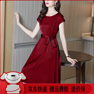 ac mmng真絲連衣裙女高端2025新款收腰顯瘦腰帶重磅桑蠶絲中長(zhǎng)裙純色氣質(zhì) 酒紅 XL （建議116-125斤左右）