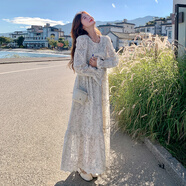 皮爾卡丹（pierre cardin）白色高級(jí)感超仙森系蕾絲裙女長裙2025春裝新款法式顯瘦鏤空連衣裙 米白 新款面料升級(jí)版 M 105-115斤內(nèi)