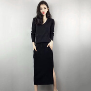 榮西圖（RONGXITU）春秋季韓版針織V領氣質系帶收腰學院風過膝中長款毛衣連衣裙子女 黑色【版】 S 建議100斤以內
