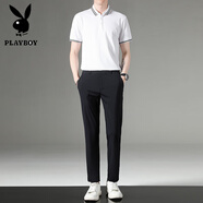 花花公子（PLAYBOY）西裝九分西褲男長(cháng)褲修身韓版休閑褲短袖POLO.衫T恤男青年男裝套裝 LP52白色+BS01長(cháng)褲藏青 S