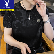 花花公子歐洲站名牌短袖t恤男夏季高級感潮流提花冰絲圓領(lǐng)體恤男子上衣服 O34-I-黑色 M 90-110斤