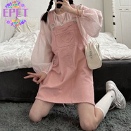 EPET元?dú)忭n版純色背帶牛仔短裙女夏裝寬松百搭愛(ài)心甜美減齡吊帶連衣裙 粉色背帶裙 面料 S 80-95斤